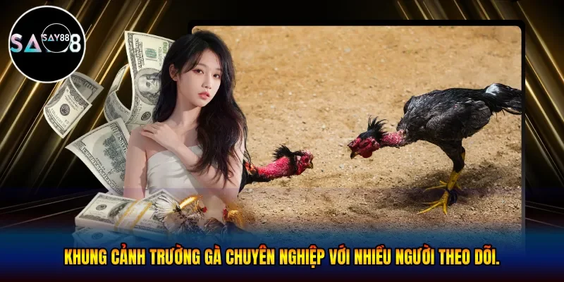 Khung cảnh trường gà chuyên nghiệp với nhiều người theo dõi